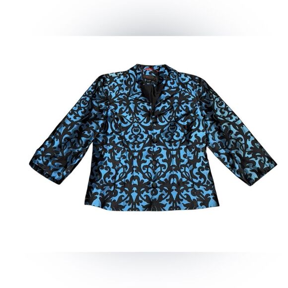 Nina McLemore Blue & Black 100% Silk Patterned Button up Coat Jacket blazer Sz 6 - Picture 1 of 4
